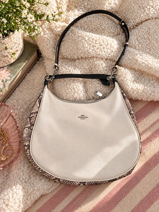 Coach Handbags - Coach Cream Pebbled Leather Shoulder Bag with Snake-Print Trim